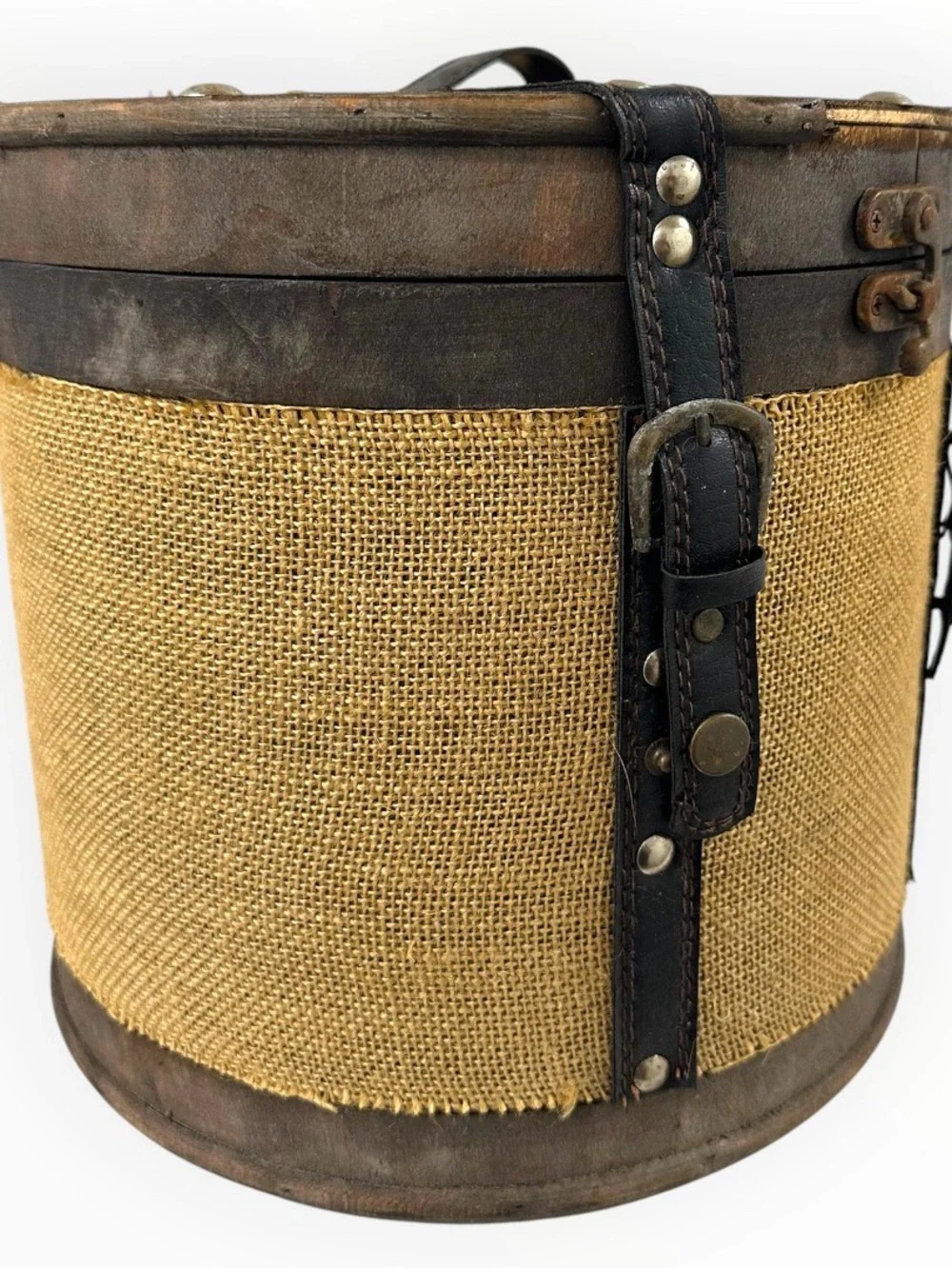 Rustic Round Wood Burlap Storage Box Vintage Style Home Decor 10.5”